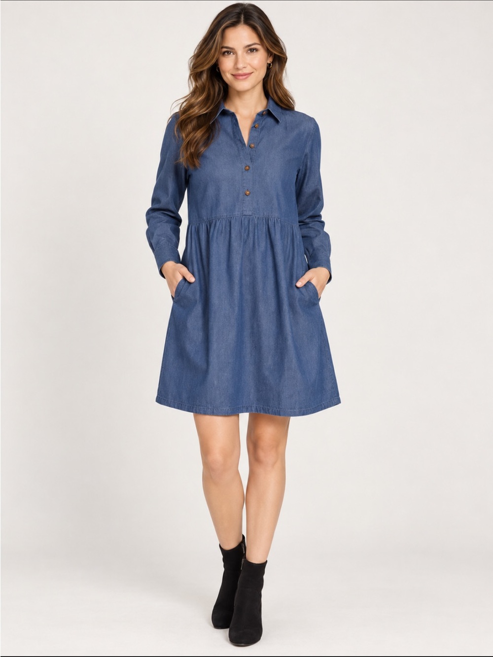 NINE WEST NWOT Women’s Chambray Dress Long Sleeve, Relaxed Fit, Side Pockets